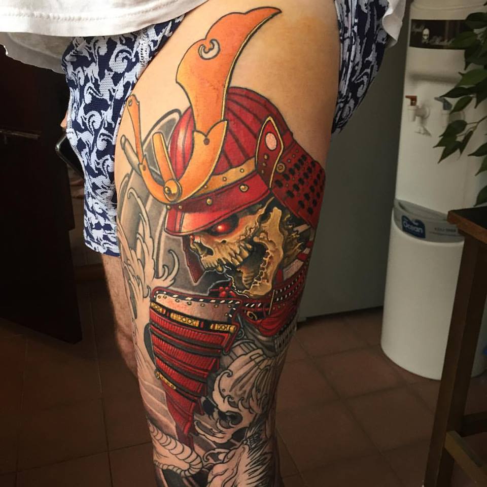 Impressive Samurai Skull Tattoo On Left Thigh