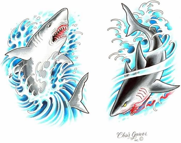 Impressive Two Sharks Tattoo Design