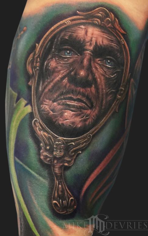 Impressive Vincent Price In Frame Tattoo Design For Arm By Mike Devries