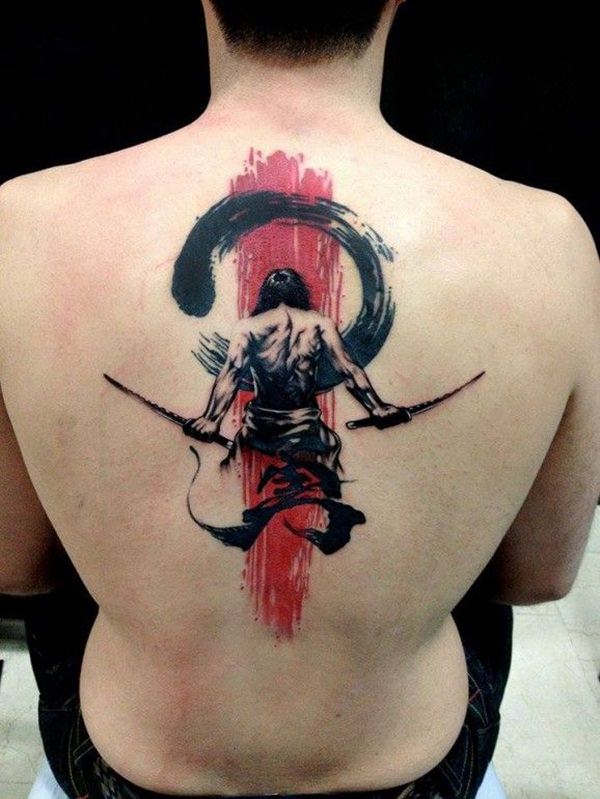 Inspiring Black And Red Samurai Tattoo On Man Upper Back