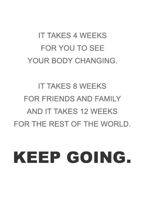 It takes 4 weeks for you to see your body changing. It takes 8 weeks for friends and family and it takes 12 weeks for the rest of the world. Keep going.
