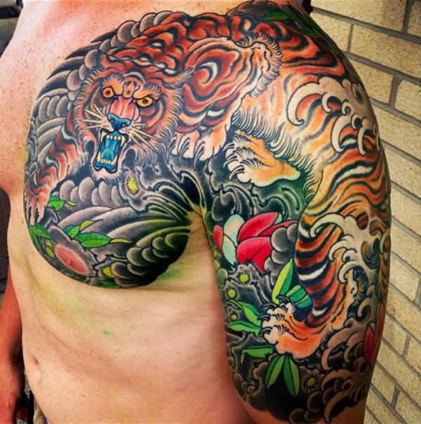 Japanese Tiger Tattoo On Chest And Left Shoulder