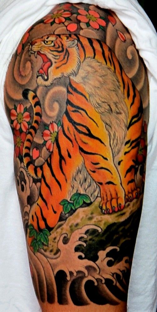 Japanese Tiger Tattoo On Left Half Sleeve
