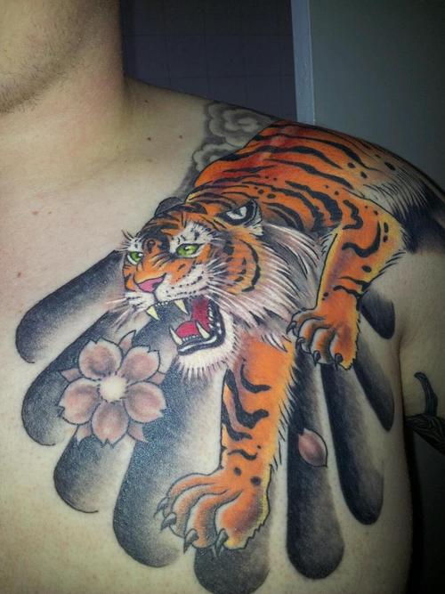 Japanese Tiger Tattoo On Man Front Shoulder