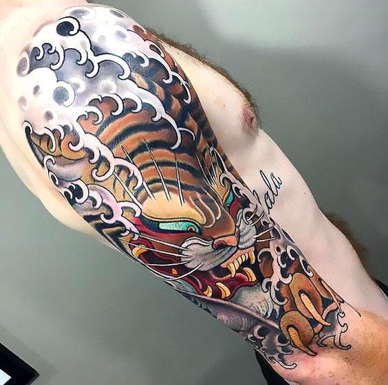 Japanese Tiger Tattoo On Man Full Sleeve
