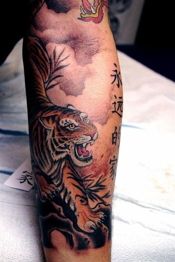 Kanji Symbols And Chinese Tiger Tattoo On Arm Sleeve