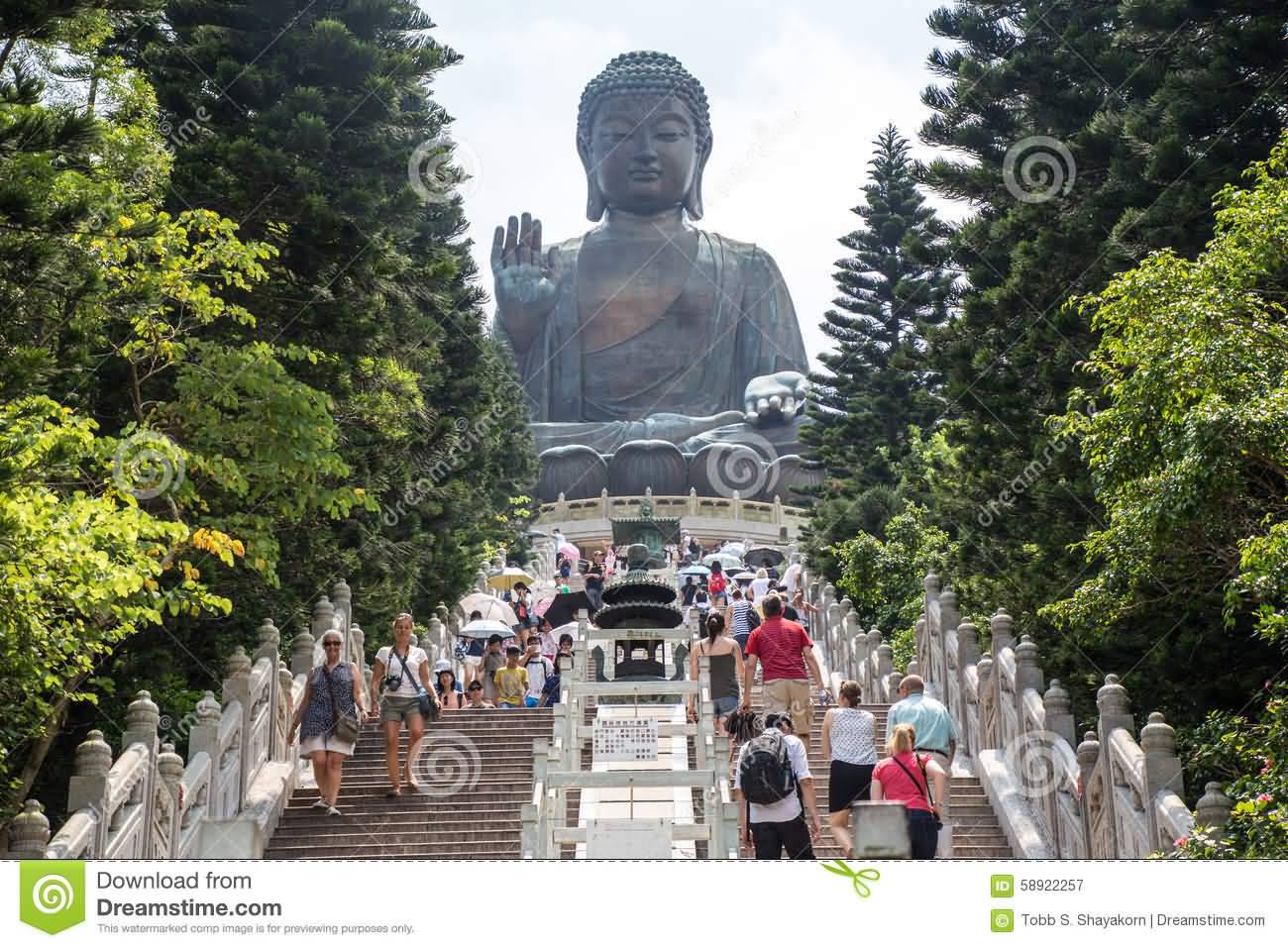 Large Number of Tourists Sightseeing The Tian Tan Buddha