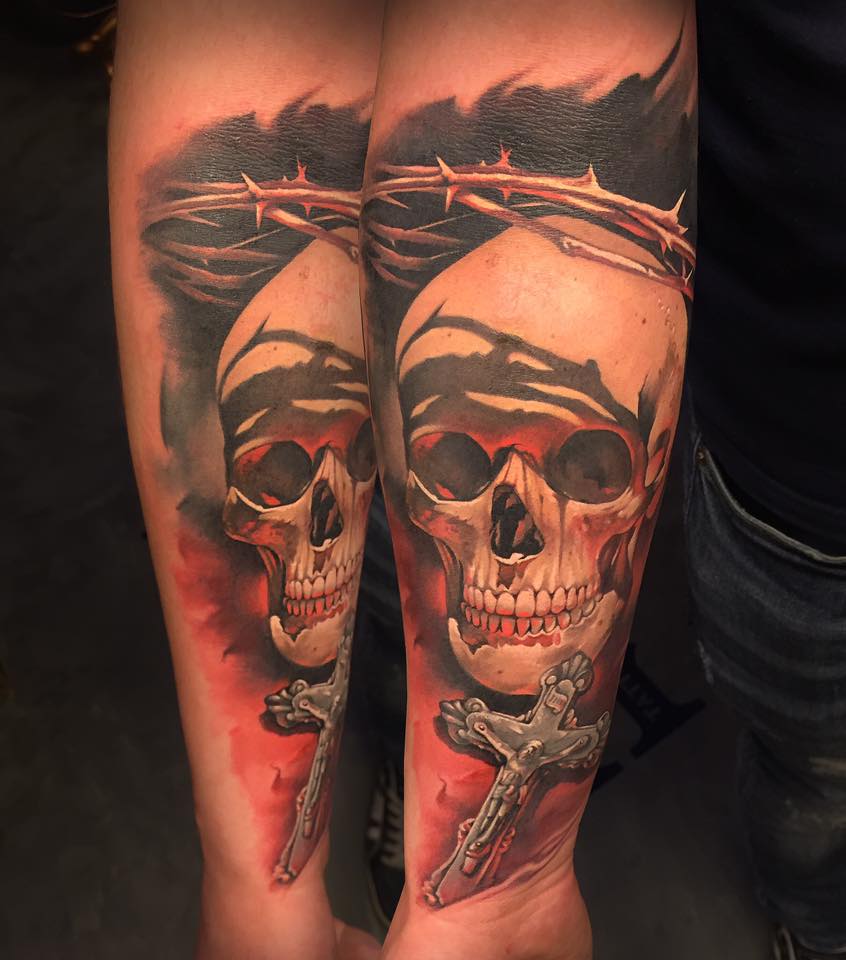 Latest 3D Skull With Cross Tattoo On Left Forearm