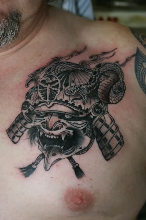 Latest Black Ink Samurai Head Tattoo On Man Left Front Shoulder