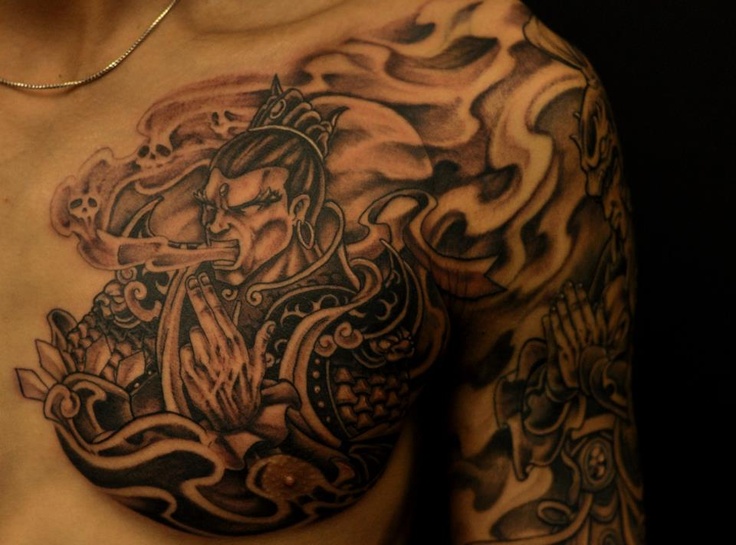Latest Black Ink Samurai Tattoo On Man Left Chest By Bks
