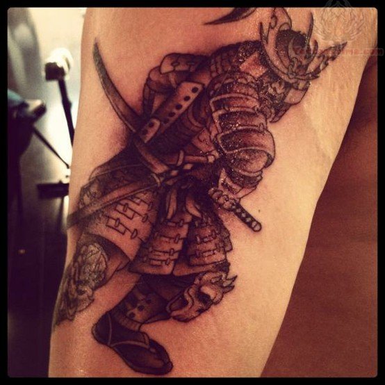 Latest Black Ink Samurai Warrior Tattoo On Left Half Sleeve