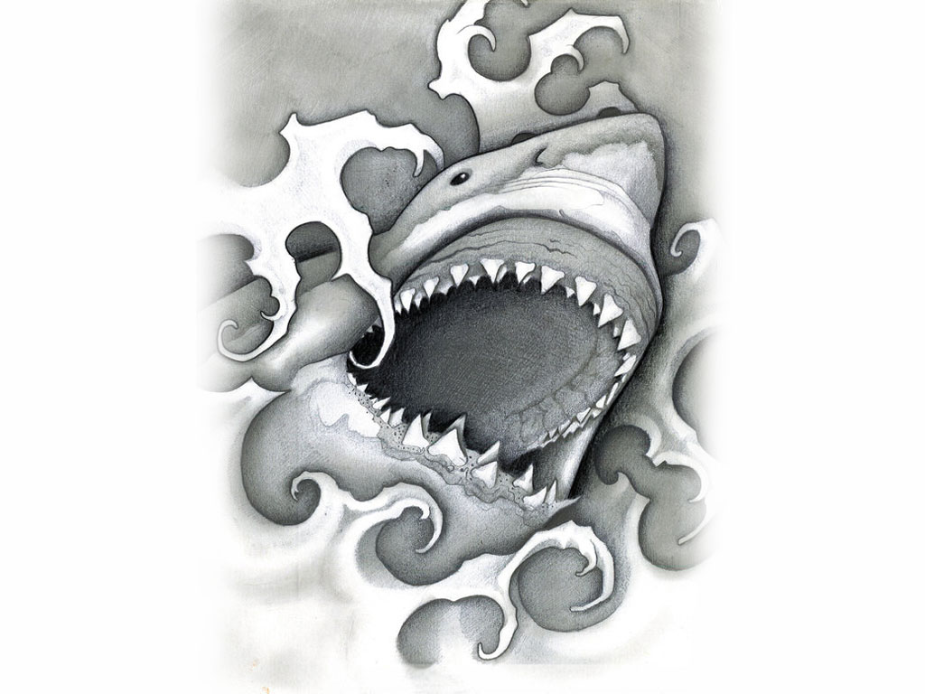 Latest Grey Ink Shark Tattoo Design
