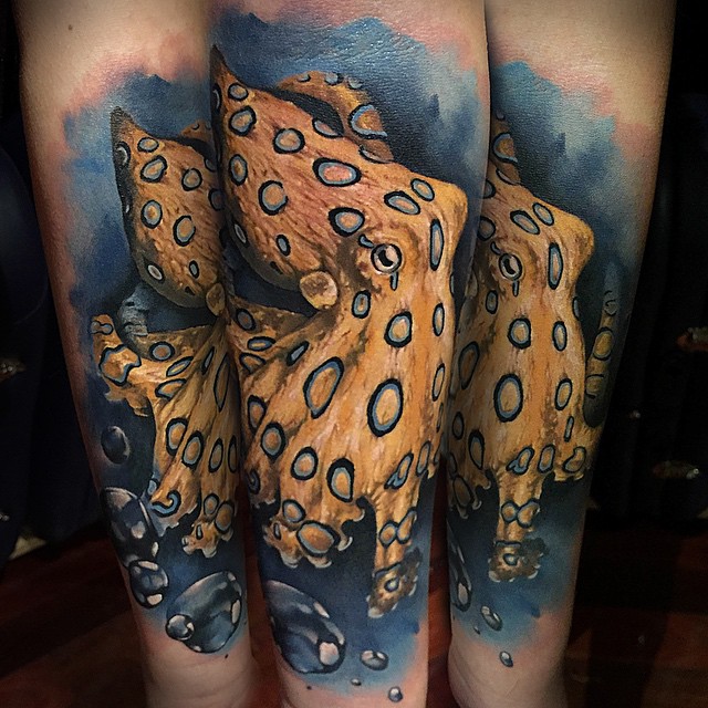 Latest Octopus Tattoo On Left Forearm By Benjamin Laukis