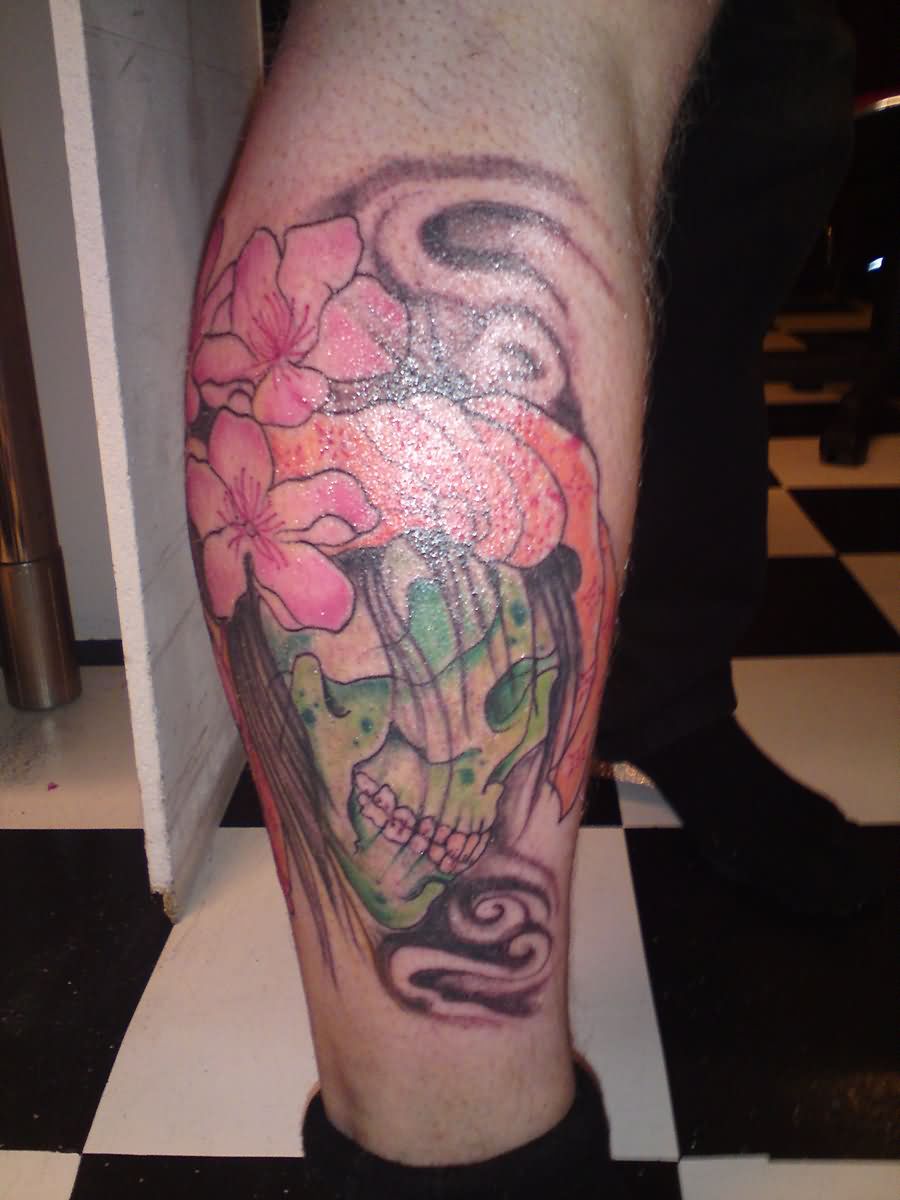 Latest Samurai Skull With Flower Tattoo On Right Leg By Vikingtattoo
