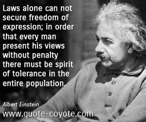 Laws alone can not secure freedom of expression; in order that every man present his views without penalty there must be spirit of tolerance in the entire population. Albert Einstein