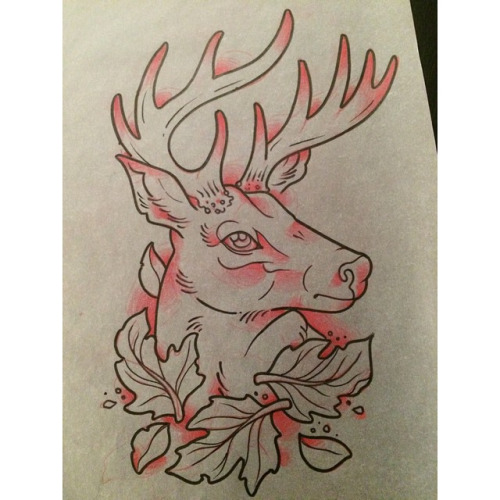 Leaves And Deer Head Tattoo Design