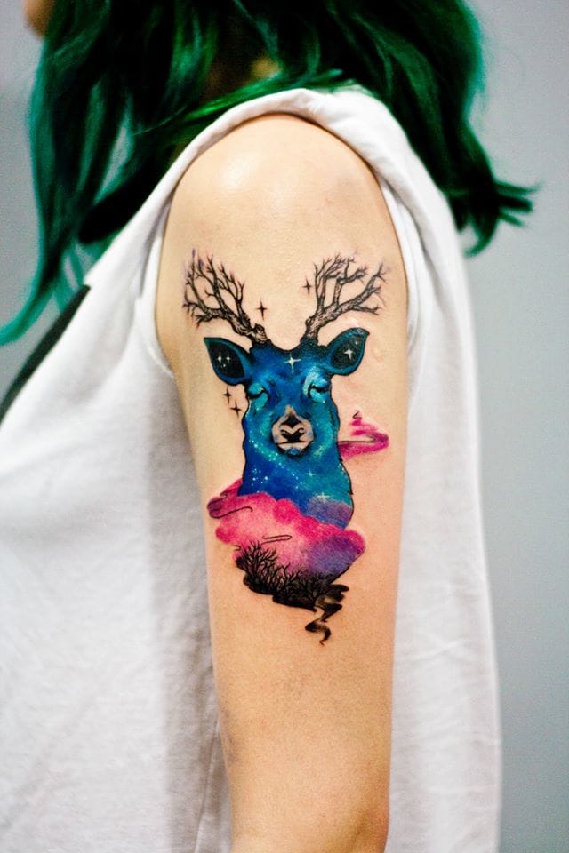 Left Bicep Watercolor Deer Tattoo