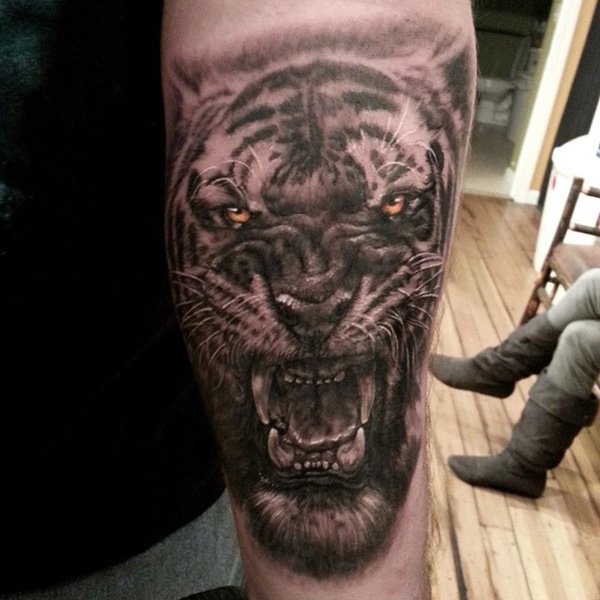 Left Forearm Grey Ink Tiger Head Tattoo