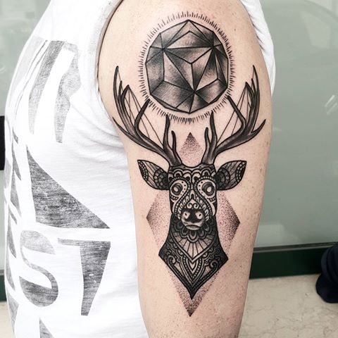 Left Half Sleeve Geometric Deer Tattoo Idea