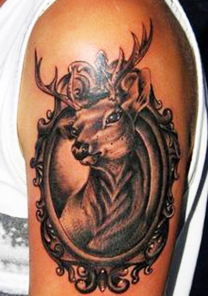 Left Shoulder Deer Head In Mirror Frame Tattoo
