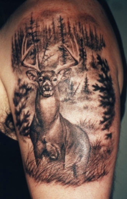 Left Shoulder Grey Ink Deer Tattoo