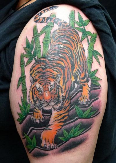 Left Shoulder Japanese Tiger Tattoo On Shoulder by Stefan Johnsson