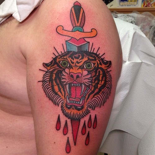 Left Shoulder Tiger Dagger Tattoo For Men