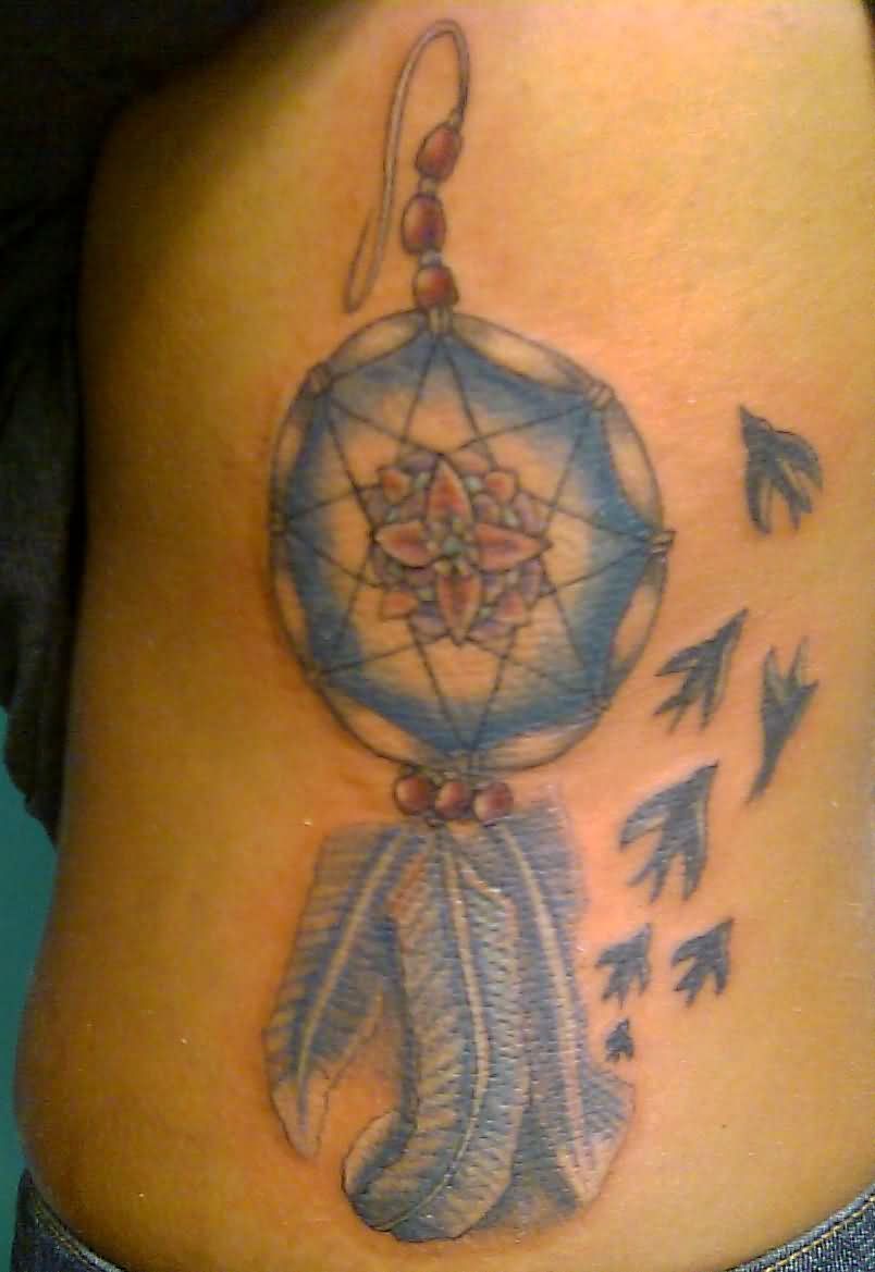 Light Blue Dreamcatcher Tattoo On Side