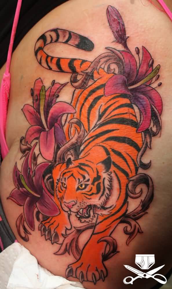 Lily Flower And Tiger Tattoo On Rib To Thigh