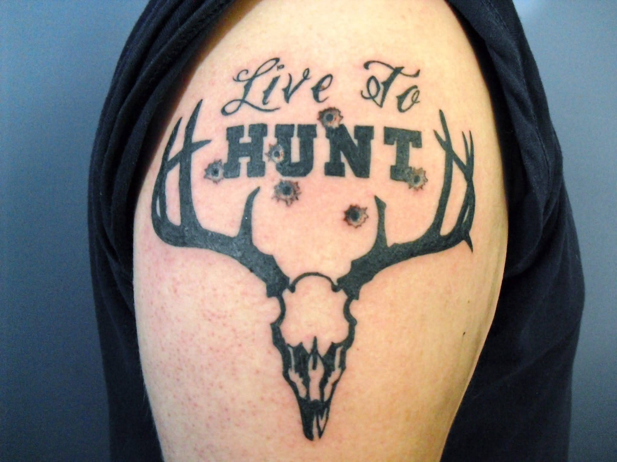 Live To Hunt Deer Skull Tattoo On Shoulder