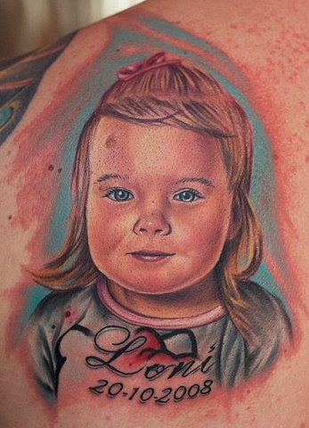 Loni – Memorial Baby Girl Tattoo On Left Back Shoulder