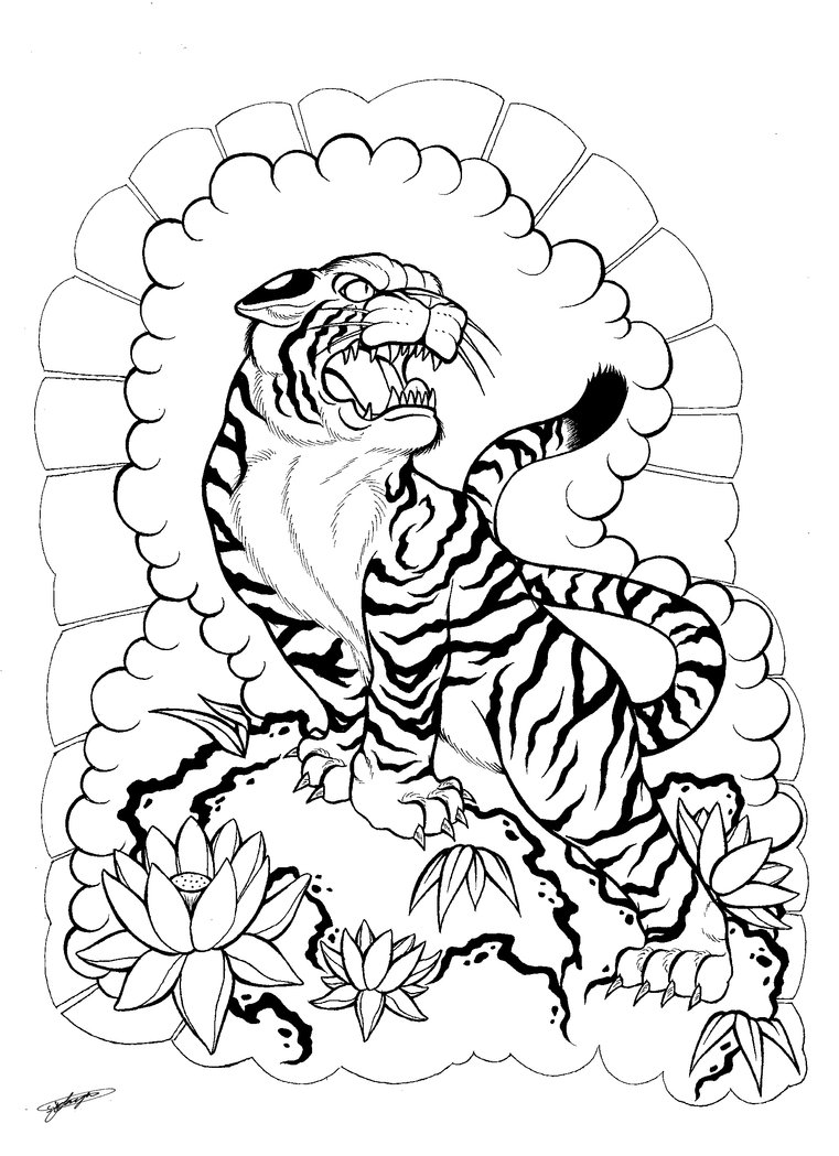 Lotus Flowers And Japanese Tiger Tattoo Design
