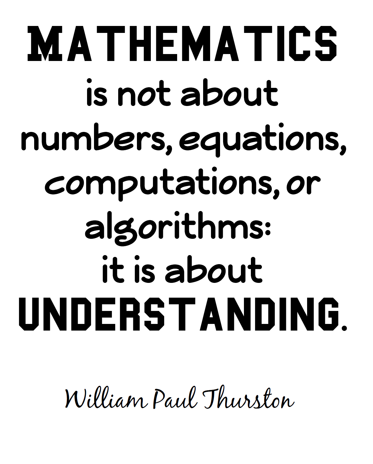MATHEMATICS is not about numbers, equations, computations, or algorithms it is about UNDERSTANDING. W.P. Thurston