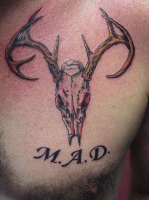 Mad Deer Skull Tattoo On Chest