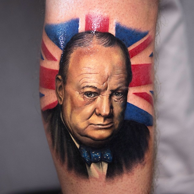 Man Face Portrait With United Kingdom Flag Tattoo On Leg Calf By Mick Squires
