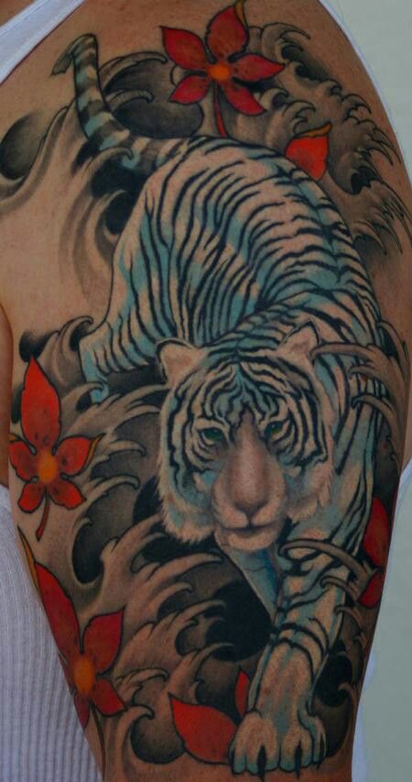 Man Left Half Sleeve Japanese White Tiger Tattoo