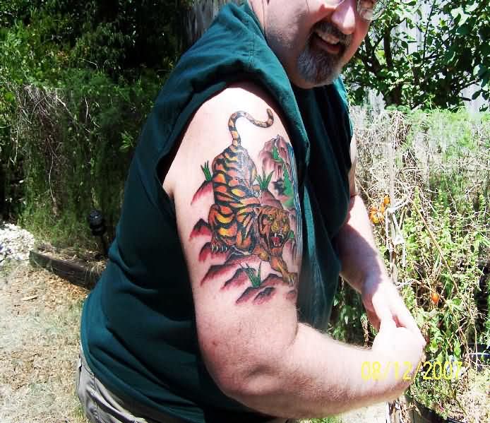 Man Right Half Sleeve Japanese Tiger Tattoo by Dmitriy Samohin