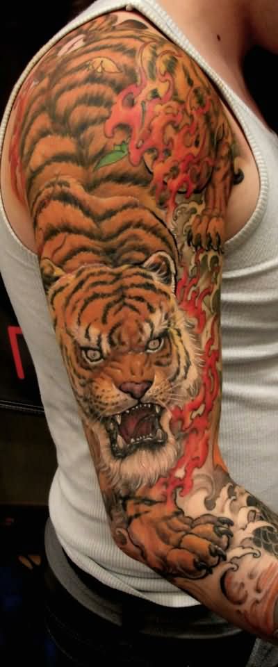 Man Right Sleeeve Tiger Tattoo