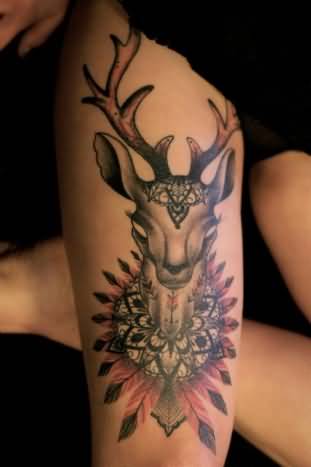 Mandala Flower And Deer Tattoo On Right Thigh