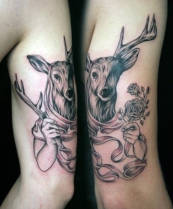 Matching Deer Couple Tattoo On Bicep