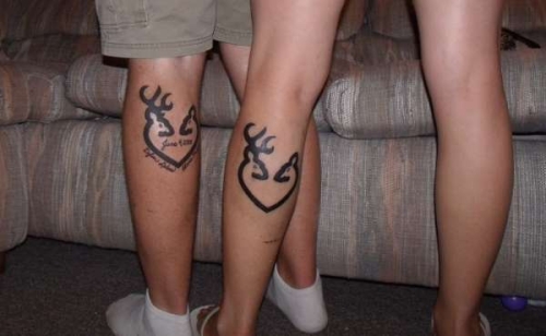 Matching Deer Couple Tattoos On Leg Calf