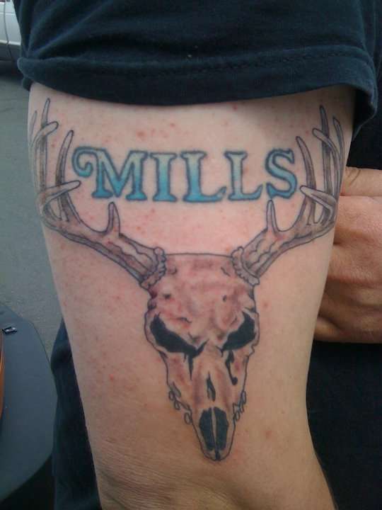 Mills Deer Skull Tattoo On Right Bicep
