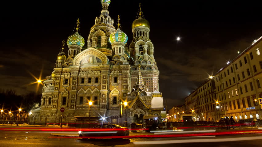 Motion Lights Of Traffic Passing From Church Of The Savior On Blood At Night