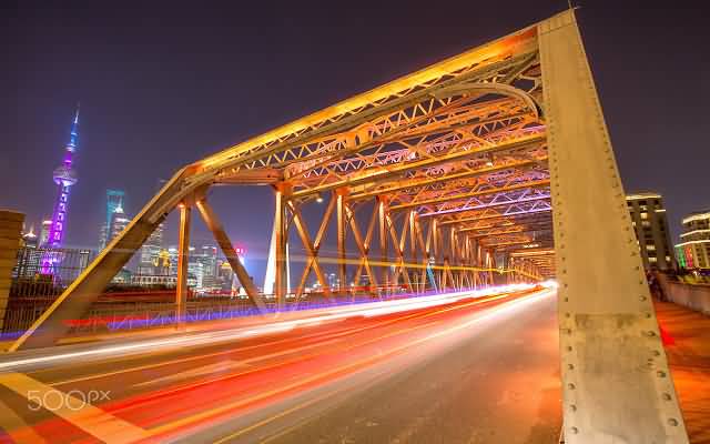 Motion Traffic Lights At The Waibaidu Bridge During Night