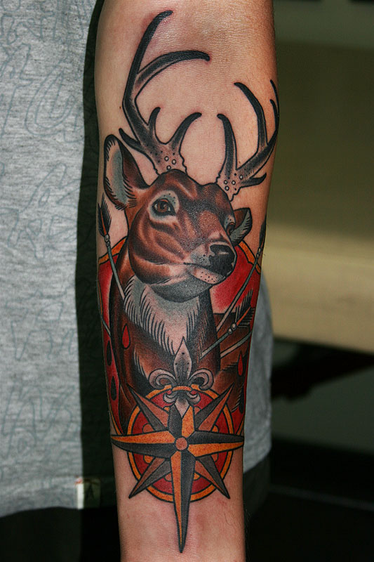 Nautical Compass And Traditional Deer Tattoo