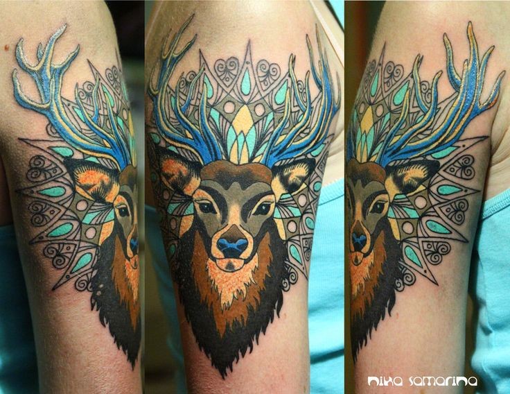 Neo Traditional Deer Tattoo On Left Bicep