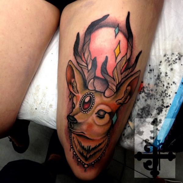 New School Deer Head Tattoo On Left Thigh
