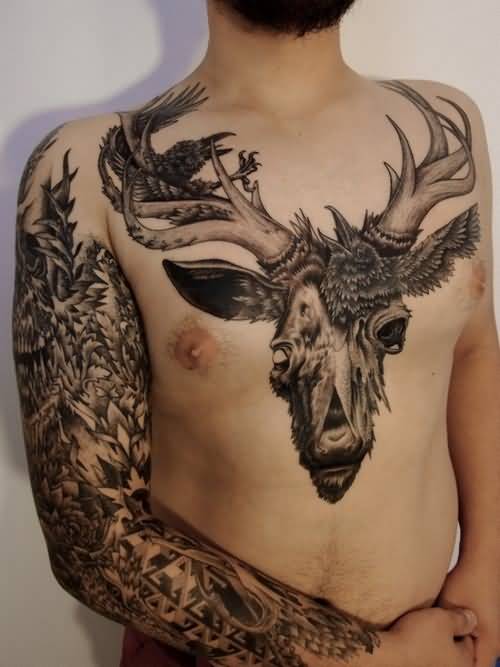 Nice Deer Head Tattoo On Man Chest