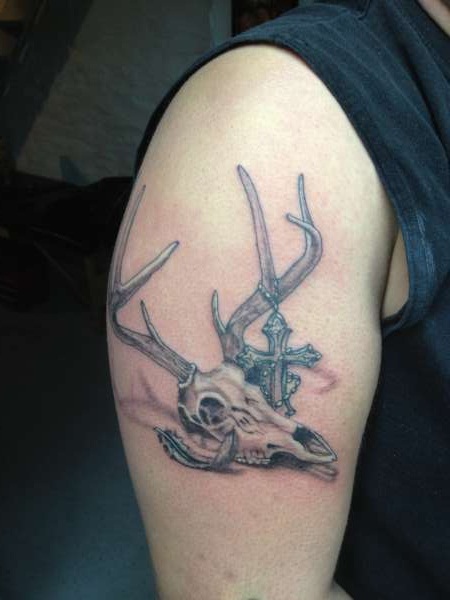 Nice Deer Skull Tattoo On Right Bicep