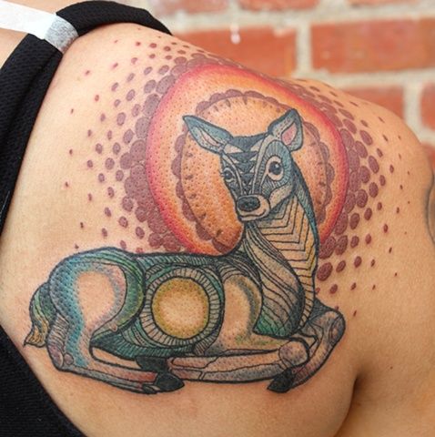Nice Deer Tattoo On Right Back Shoulder by David Hale